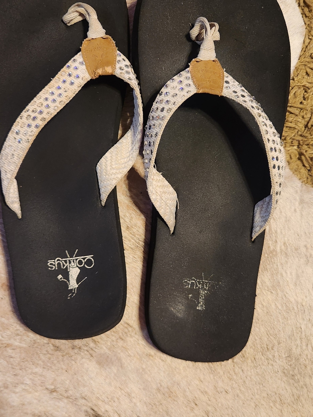 Corkys Black Footbed Sandals with White Rhinestone Straps